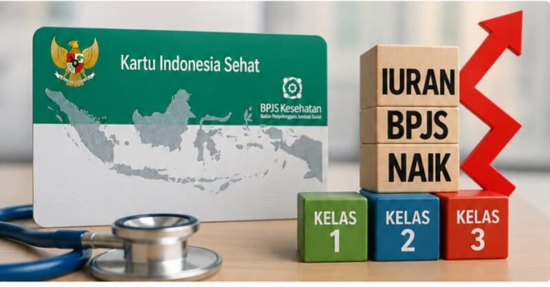 Ilustrasi kartu BPJS Kesehatan dan grafik kenaikan iuran peserta JKN tahun 2026.