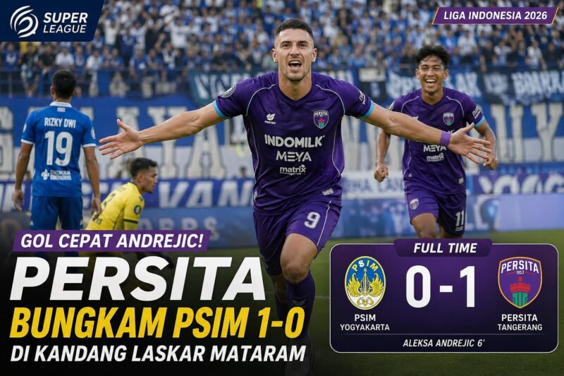 Pemain Persita Tangerang merayakan gol kemenangan setelah membobol gawang PSIM Yogyakarta dalam laga Super League 2026 di Bantul.