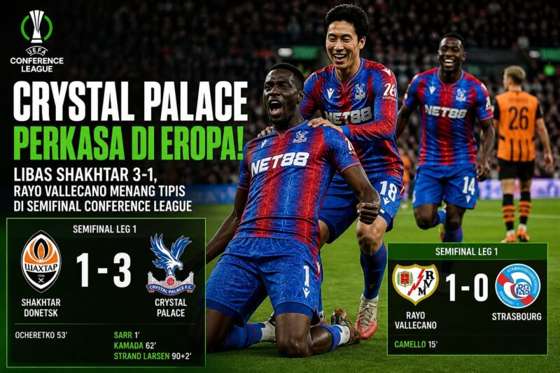 Pemain Crystal Palace merayakan kemenangan usai mengalahkan Shakhtar Donetsk pada semifinal UEFA Conference League.
