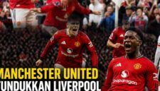 Pemain Manchester United merayakan kemenangan dramatis 3-2 atas Liverpool dalam laga sengit di Old Trafford.