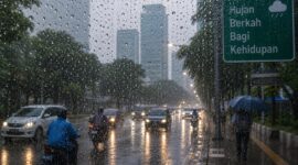 Suasana hujan deras di kawasan perkotaan yang membawa manfaat sekaligus potensi dampak bagi masyarakat.