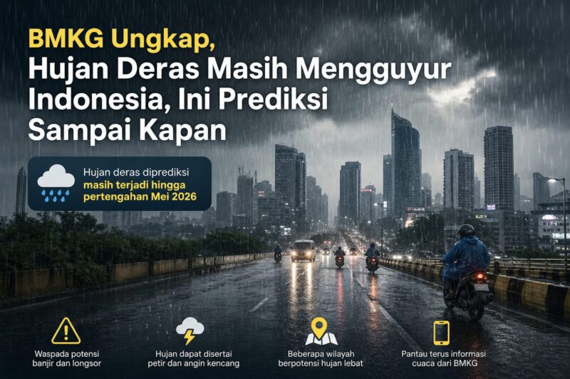 BMKG memprediksi hujan deras masih terjadi di Indonesia hingga pertengahan Mei 2026 akibat pengaruh dinamika atmosfer.