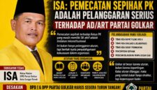 Ketua Harian DPD II Partai Golkar Kota Sungai Penuh, ISA, menilai pemecatan Ketua PK secara sepihak sebagai tindakan inkonstitusional.