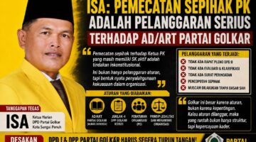 Ketua Harian DPD II Partai Golkar Kota Sungai Penuh, ISA, menilai pemecatan Ketua PK secara sepihak sebagai tindakan inkonstitusional.