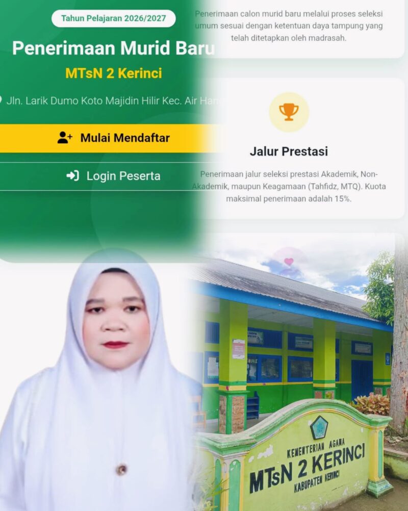 Kepala MTsN 2 Kerinci, Dra. Hj. Niswarti, M. PdI mengajak generasi muda bergabung melalui PMBM 2026.