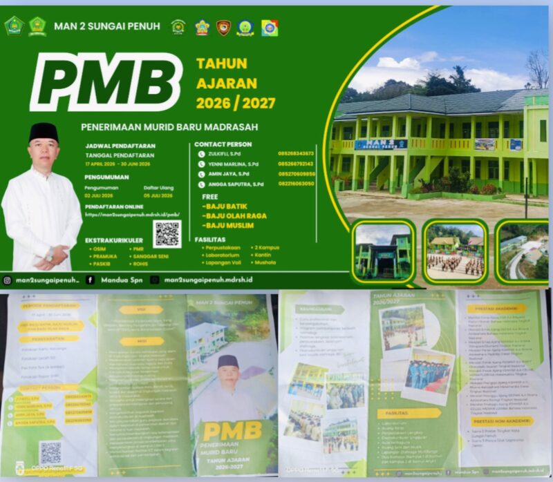 PMB MAN 2 Sungai Penuh Tahun Ajaran 2026/2027 resmi dibuka dengan berbagai fasilitas gratis untuk siswa baru.