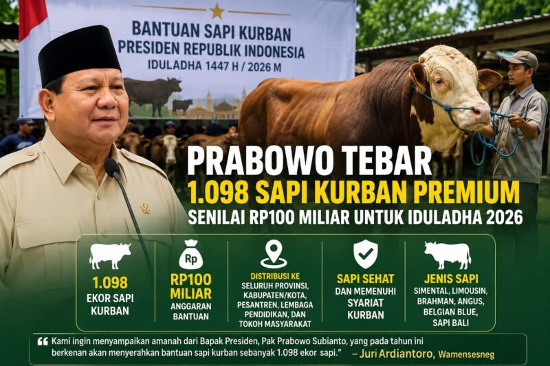 Presiden Prabowo Subianto menyalurkan 1.098 sapi kurban premium untuk masyarakat Indonesia pada Iduladha 2026.