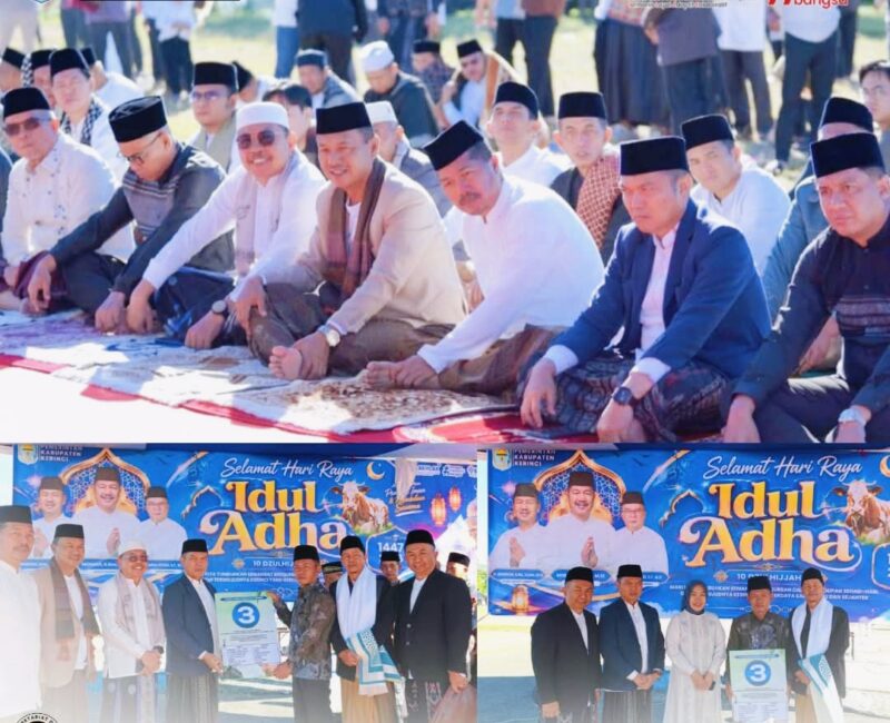 Pimpinan DPRD Kabupaten Kerinci bersama Forkompimda dan masyarakat saat mlaksanakan Shalat Idul Adha 1447 Hijriah di Lapangan Kantor Bupati Kerinci, Bukit Tengah, Siulak.