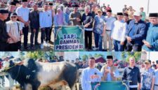 Bupati Kerinci Monadi bersama Wakil Bupati Murison menyerahkan sapi kurban bantuan Presiden RI kepada masyarakat di Masjid Baitul Ikhsan, Desa Kebun Baru, Kecamatan Gunung Raya.