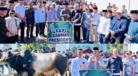 Bupati Kerinci Monadi bersama Wakil Bupati Murison menyerahkan sapi kurban bantuan Presiden RI kepada masyarakat di Masjid Baitul Ikhsan, Desa Kebun Baru, Kecamatan Gunung Raya.