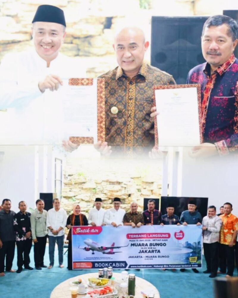 Pemkot Sungai Penuh, Pemkab Kerinci, dan Pemkab Bungo berkomitmen mendukung penerbangan Batik Air rute Muara Bungo–Jakarta yang mulai beroperasi Juni 2026.