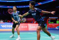 Fajar Alfian dan Muhammad Shohibul Fikri saat tampil di perempat final Singapore Open 2026.