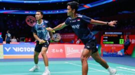 Fajar Alfian dan Muhammad Shohibul Fikri saat tampil di perempat final Singapore Open 2026.