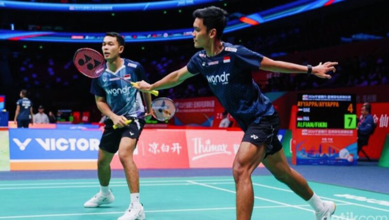 Fajar Alfian dan Muhammad Shohibul Fikri saat tampil di perempat final Singapore Open 2026.