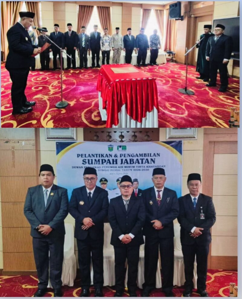 Wali Kota Sungai Penuh Alfin S.H. saat melantik Y.Z. Oktovianus sebagai Dewan Pengawas PDAM Tirta Khayangan periode 2026–2030, Senin (01/6/2026) di Ruang Pola Kantor Wali Kota Sungai Penuh.