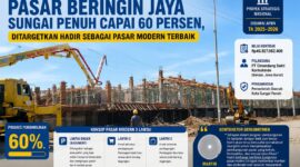 Suasana pembangunan Pasar Beringin Jaya Kota Sungai Penuh yang kini telah mencapai progres sekitar 60 persen dan ditargetkan menjadi pusat perdagangan modern bagi masyarakat.