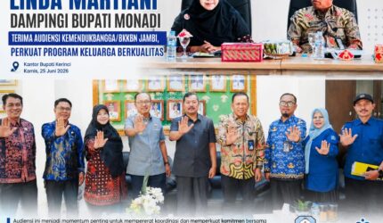 Kadis PPKBPPPA Kerinci Linda Martiani mendampingi Bupati Monadi saat menerima audiensi Kepala Perwakilan Kemendukbangga/BKKBN Provinsi Jambi di Kantor Bupati Kerinci.