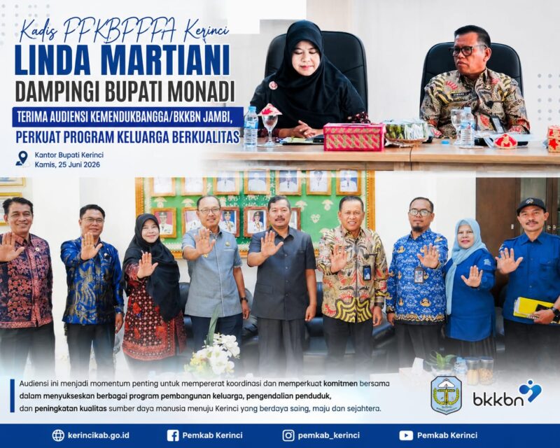 Kadis PPKBPPPA Kabupaten Kerinci Linda Martiani mendampingi Bupati Kerinci Monadi menerima audiensi Kepala Perwakilan Kemendukbangga/BKKBN Provinsi Jambi, Zamhari, di Kantor Bupati Kerinci