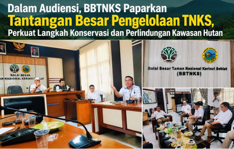 Perwakilan BBTNKS memaparkan kondisi terkini Taman Nasional Kerinci Seblat (TNKS), tantangan pengelolaan kawasan, serta langkah konservasi dan perlindungan hutan dalam kegiatan audiensi di Kerinci