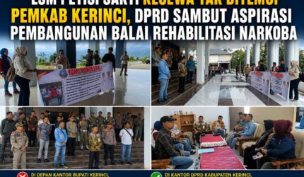 LSM PETISI SAKTI menggelar aksi damai di Kantor Bupati dan DPRD Kerinci menuntut pembangunan Balai Rehabilitasi Narkoba.