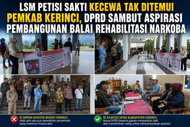Massa LSM PETISI SAKTI menyampaikan aspirasi di Kantor Bupati dan DPRD Kabupaten Kerinci, mendesak pemerintah daerah segera merealisasikan pembangunan Balai Rehabilitasi Narkoba sebagai upaya penyelamatan generasi muda dari bahaya narkoba.