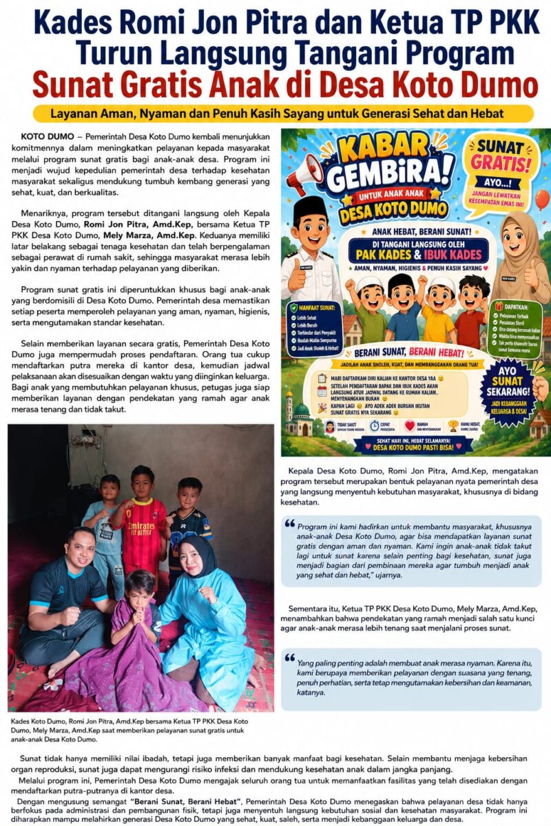 Kepala Desa Koto Dumo Romi Jon Pitra, Amd.Kep bersama Ketua TP PKK Mely Marza, Amd.Kep saat memberikan pelayanan dalam program sunat gratis bagi anak-anak Desa Koto Dumo.