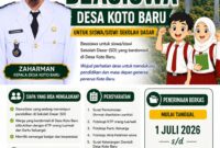Pemerintah Desa Koto Baru, Kecamatan Koto Baru, Kota Sungai Penuh membuka pendaftaran Program Beasiswa Desa Tahun 2026 bagi siswa Sekolah Dasar mulai 1 hingga 10 Juli 2026. Program yang digagas Kades Zaharman ini mengusung semangat 