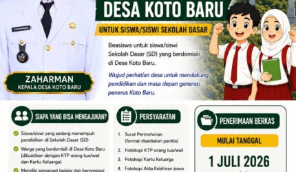 Poster pendaftaran Beasiswa Desa Koto Baru Tahun 2026 untuk siswa Sekolah Dasar di Kecamatan Koto Baru, Kota Sungai Penuh dengan tema "Investasi Hari Ini untuk Generasi Emas Koto Baru."