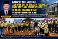 Inspektur Daerah Kabupaten Kerinci, Zufran, S.H., M.Si., menghadiri prosesi peletakan batu pertama pembangunan Gedung RSUD Kabupaten Kerinci bersama Gubernur Jambi, Dr. H. Al Haris, S.Sos., M.H., sebagai wujud dukungan terhadap pembangunan infrastruktur kesehatan yang transparan, akuntabel, dan bermanfaat bagi masyarakat Kabupaten Kerinci.