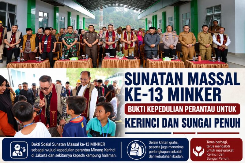 Wali Kota Sungai Penuh bersama jajaran dan panitia MINKER meninjau pelaksanaan Bakti Sosial Sunatan Massal ke-13 di RSUD H. Bakri. Program tahunan para perantau Minang Kerinci ini melayani 250 anak serta membagikan perlengkapan sekolah dan kebutuhan ibadah kepada peserta.