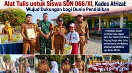 Kepala Desa Tanjung Bunga, Afrizal, menyerahkan bantuan alat tulis kepada seluruh siswa SDN 066/XI Tanjung Bunga sebagai bentuk dukungan Pemerintah Desa Tanjung Bunga terhadap dunia pendidikan pada Tahun Ajaran Baru 2026/2027
