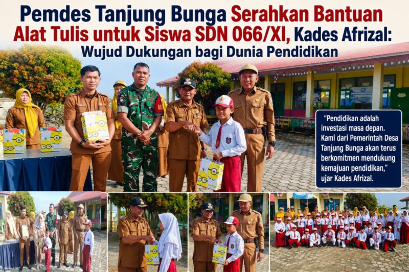 Kepala Desa Tanjung Bunga, Afrizal, menyerahkan bantuan alat tulis kepada seluruh siswa SDN 066/XI Tanjung Bunga sebagai bentuk dukungan Pemerintah Desa Tanjung Bunga terhadap dunia pendidikan pada Tahun Ajaran Baru 2026/2027