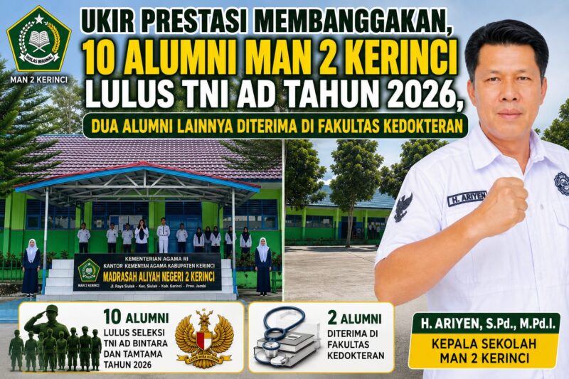Kepala MAN 2 Kerinci, H. Ariyen, mengapresiasi keberhasilan 10 alumni yang lulus seleksi TNI AD Tahun 2026 serta dua alumni lainnya yang diterima di Fakultas Kedokteran sebagai bukti kualitas lulusan madrasah.