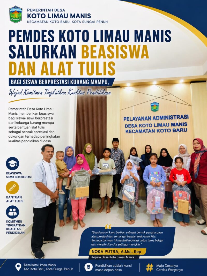Kepala Desa Koto Limau Manis, Kecamatan Koto Baru, Kota Sungai Penuh, Noka Putra, A.Md., Kep, menyerahkan beasiswa dan bantuan alat tulis kepada siswa-siswi SD berprestasi dari keluarga kurang mampu sebagai bentuk komitmen pemerintah desa dalam mendukung peningkatan kualitas pendidikan.