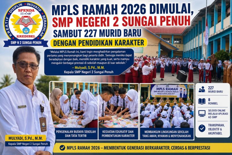 Sebanyak 227 murid baru mengikuti kegiatan MPLS Ramah Tahun Ajaran 2026/2027 di SMP Negeri 2 Sungai Penuh sebagai langkah awal mengenal lingkungan sekolah sekaligus memperkuat pendidikan karakter.
