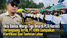 Masyarakat Desa Pulau Pandan, Karang Pandan, dan Pengasih Lama menggelar aksi damai di pintu masuk PLTA PT Kerinci Merangin Hidro pada Sabtu (18/7/2026) untuk menyampaikan tuntutan terkait ganti rugi lahan. Aksi berlangsung aman, tertib, dan mendapat pengamanan dari Polres Kerinci, Kodim 0417/Kerinci, serta petugas keamanan perusahaan.