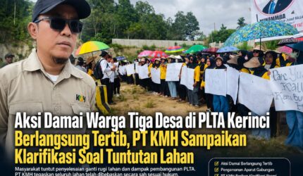 Aksi damai masyarakat tiga desa di pintu masuk PLTA PT Kerinci Merangin Hidro dengan pengamanan aparat kepolisian dan TNI.