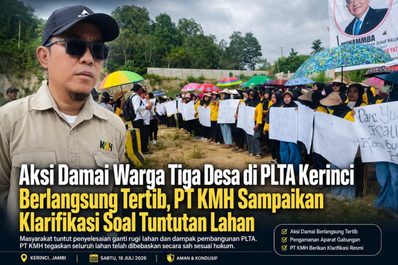 Masyarakat Desa Pulau Pandan, Karang Pandan, dan Pengasih Lama menggelar aksi damai di pintu masuk PLTA PT Kerinci Merangin Hidro pada Sabtu (18/7/2026) untuk menyampaikan tuntutan terkait ganti rugi lahan. Aksi berlangsung aman, tertib, dan mendapat pengamanan dari Polres Kerinci, Kodim 0417/Kerinci, serta petugas keamanan perusahaan.