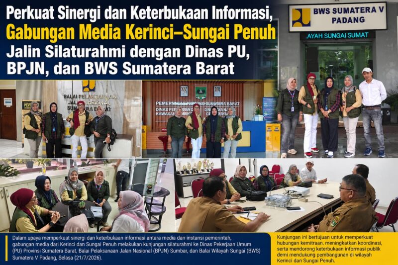 Gabungan media dari Kota Sungai Penuh dan Kabupaten Kerinci saat melakukan kunjungan silaturahmi ke Dinas PU Provinsi Sumatera Barat, BPJN Padang, dan BWS Sumatera V Padang dalam rangka memperkuat sinergi, komunikasi, dan keterbukaan informasi pembangunan.