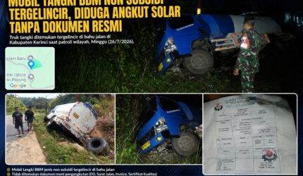Mobil tangki BBM non subsidi tergelincir di bahu jalan di Kabupaten Kerinci saat ditemukan Babinsa Kodim 0417/Kerinci.