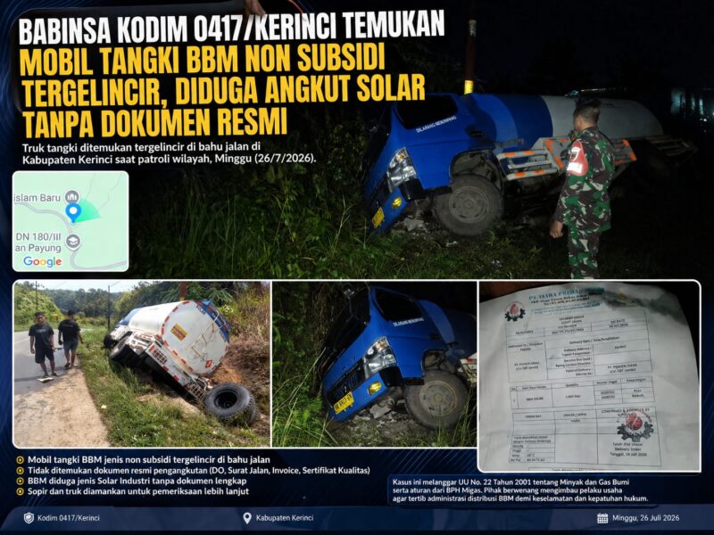 Mobil tangki pengangkut BBM non subsidi yang tergelincir di bahu jalan di wilayah Kabupaten Kerinci. Babinsa Kodim 0417/Kerinci menemukan kendaraan tersebut dan menduga pengangkutan solar dilakukan tanpa kelengkapan dokumen resmi, sehingga kasusnya ditindaklanjuti oleh pihak berwenang.