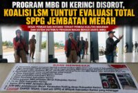 Koalisi LSM Peduli Pendidikan Kabupaten Kerinci menyampaikan aspirasi di depan Kantor Bupati Kerinci, Selasa (4/8/2026), mendesak Pemerintah Kabupaten Kerinci melakukan evaluasi menyeluruh terhadap operasional SPPG Jembatan Merah dalam pelaksanaan Program Makan Bergizi Gratis (MBG).