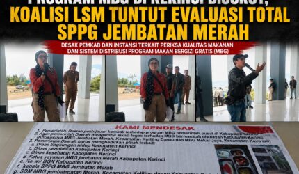 Koalisi LSM Peduli Pendidikan Kabupaten Kerinci menggelar aksi di Kantor Bupati Kerinci menuntut evaluasi total SPPG Jembatan Merah terkait pelaksanaan Program Makan Bergizi Gratis (MBG).
