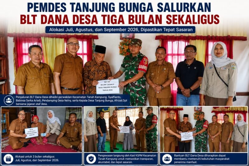 Pemerintah Desa Tanjung Bunga menyalurkan BLT Dana Desa alokasi Juli, Agustus, dan September 2026 kepada Keluarga Penerima Manfaat di Kantor Desa Tanjung Bunga.