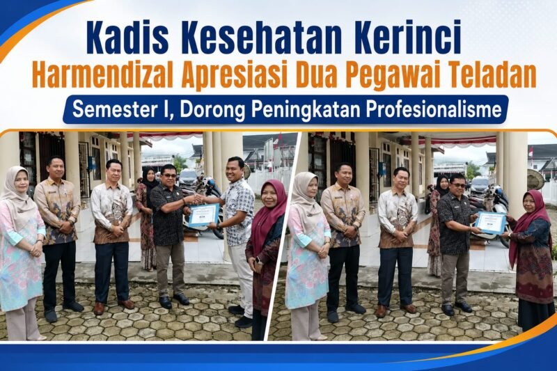 Kadis Kesehatan Kabupaten Kerinci Harmendizal memberikan apresiasi kepada Hj. Hernidayanti dan Eksa Pramadana sebagai Pegawai Teladan Semester I.