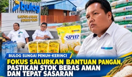Pimpinan Bulog Cabang Sungai Penuh Fahmi Hafiza Siregar bersama Eka Wijaya dan Haryadi saat memberikan keterangan kepada awak media.