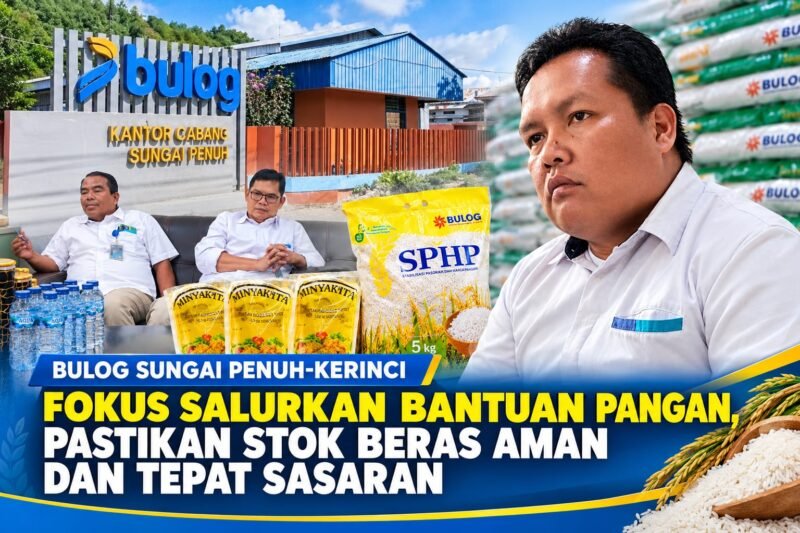 Pimpinan Bulog Cabang Sungai Penuh Fahmi Hafiza Siregar bersama Asisten Manager Administrasi dan Keuangan Eka Wijaya serta Asisten Manager Pengadaan dan Operasional Haryadi saat diwawancarai awak media di Kantor Cabang Bulog Sungai Penuh-Kerinci