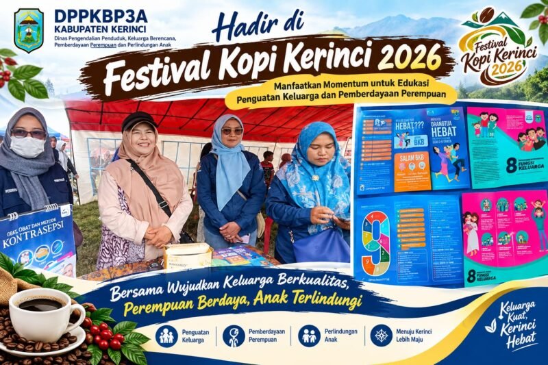 DPPKBP3A Kabupaten Kerinci turut memeriahkan Festival Kopi Kerinci 2026 dengan menyampaikan edukasi tentang penguatan keluarga, 8 Fungsi Keluarga, pemberdayaan perempuan dan perlindungan anak.