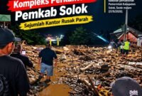 Kondisi kawasan Arosuka, Kabupaten Solok, setelah diterjang galodo pada Senin malam (21/9/2026). Material lumpur, batu, kayu dan puing berserakan di sejumlah titik.