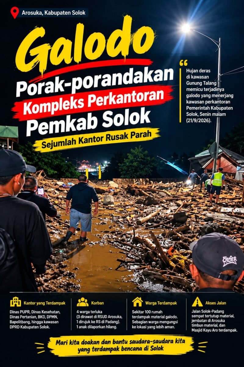 Kondisi kawasan Arosuka, Kabupaten Solok, setelah diterjang galodo pada Senin malam (21/9/2026). Material lumpur, batu, kayu dan puing berserakan di sejumlah titik.